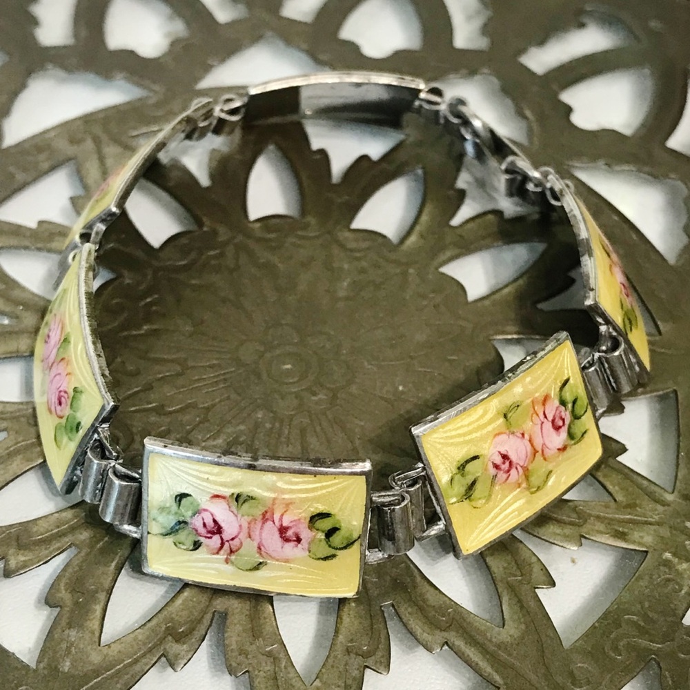 Sterling Silver Guilloche Vintage Rose Enamel Link Plate Bracelet 6.5" Cottage - Picture 9 of 16